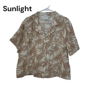 Nicole Miller 100% Linen Women SZ L Short Sleeve Leaf Print Shirt NO SIZE TAGS